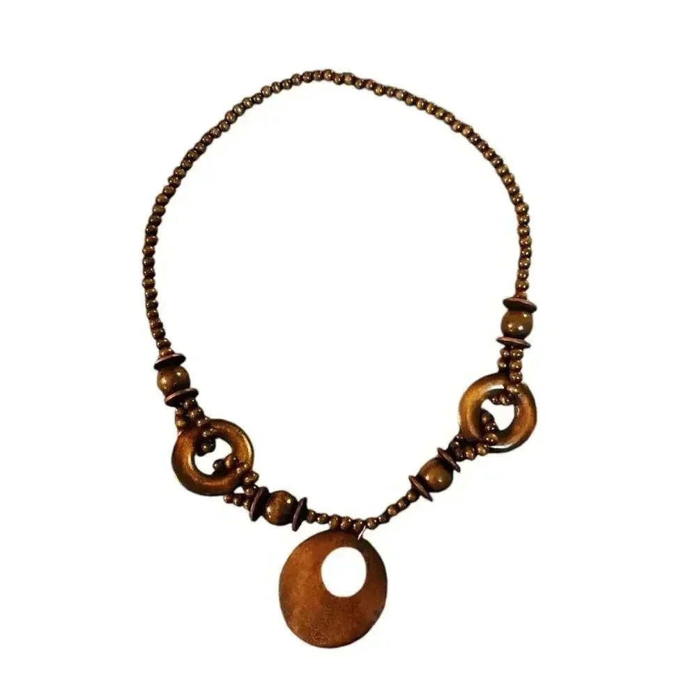 Vintage Boho Wooden Beaded Runway Style Pendant Necklace